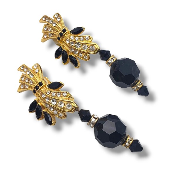 Lois Ann Gold Tone Faceted Black Beads Clear White Crystal Clip On Earrings - Picture 1 of 8